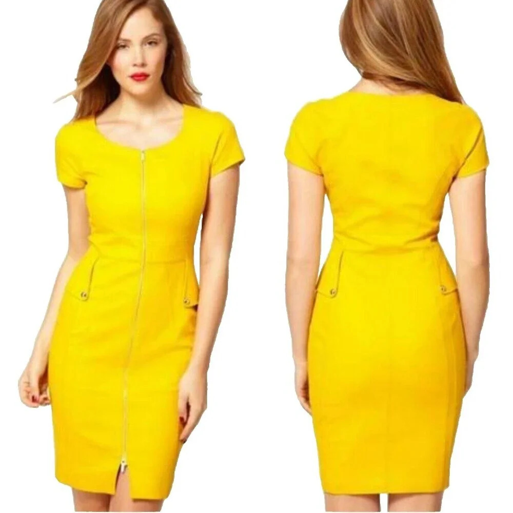 Karen Millen Women's Mini Dress US 8 Yellow Zipper Front Pockets Office Tailored